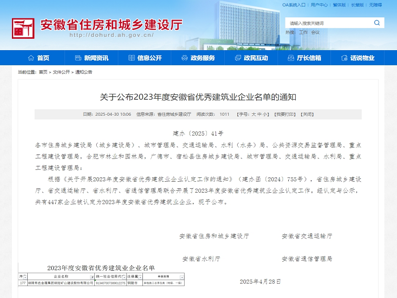 公司荣获安徽省2023年度优秀建筑业企业称号 
